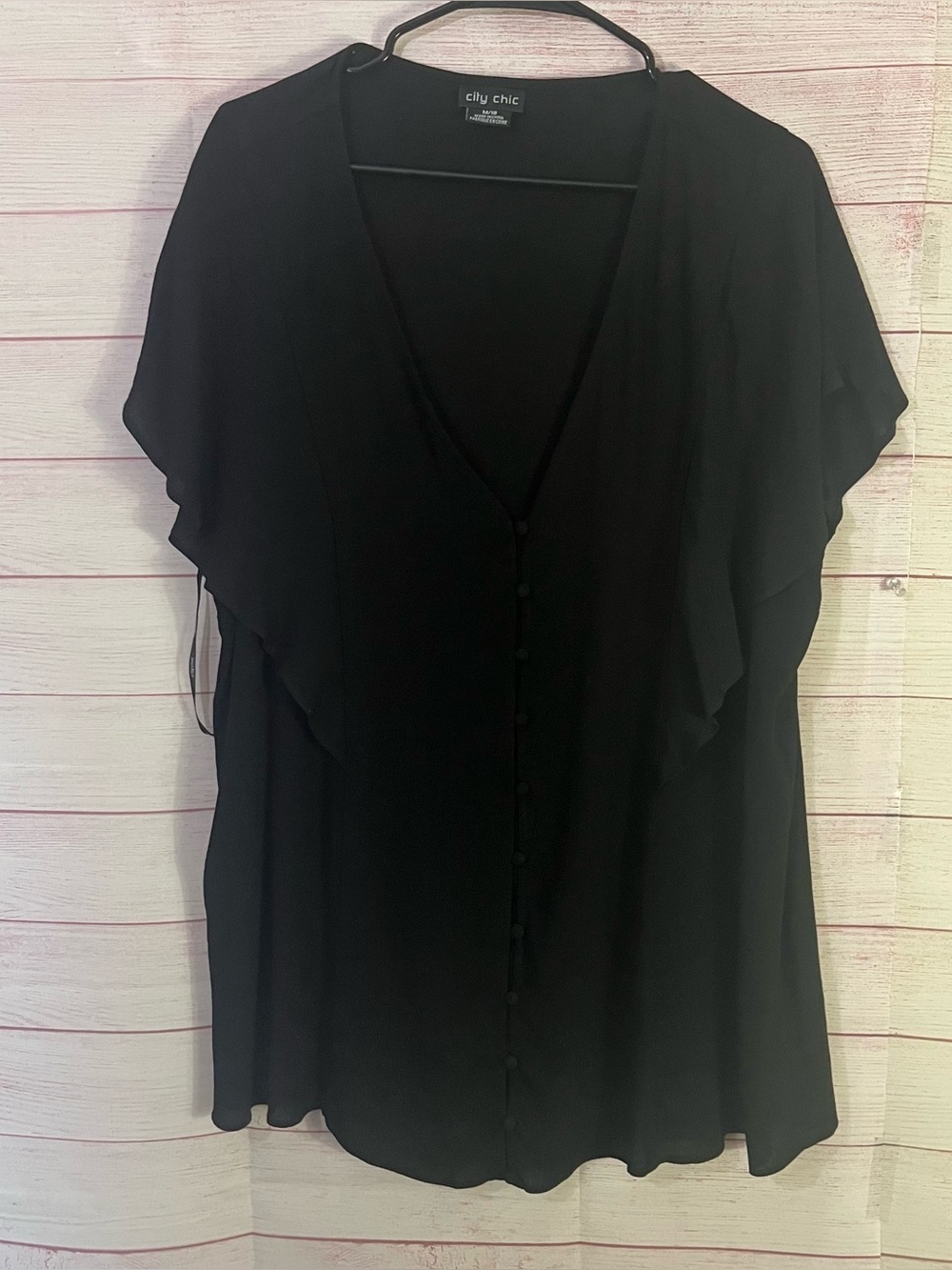 City Chic Black V Neck Button Front Flutter Sleeves Blouse M/18
